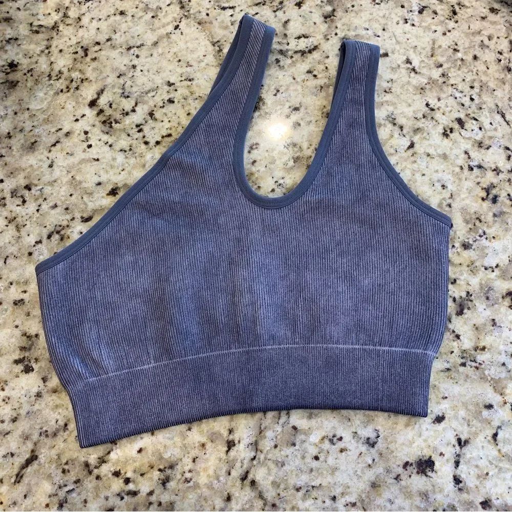 FABLETICS Christa Asymmetric Low-Impact Ribbed Sports Bra - Raincloud Size Small - Picture 4 of 11